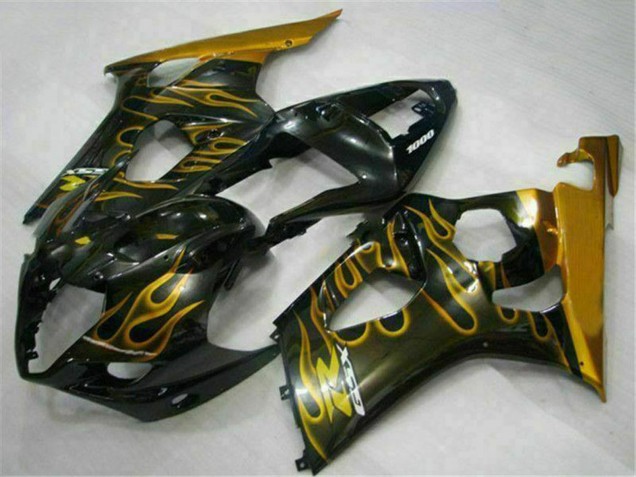 2003-2004 Suzuki GSXR 1000 Motorcycle Fairings - Glossy Black Gold Flame