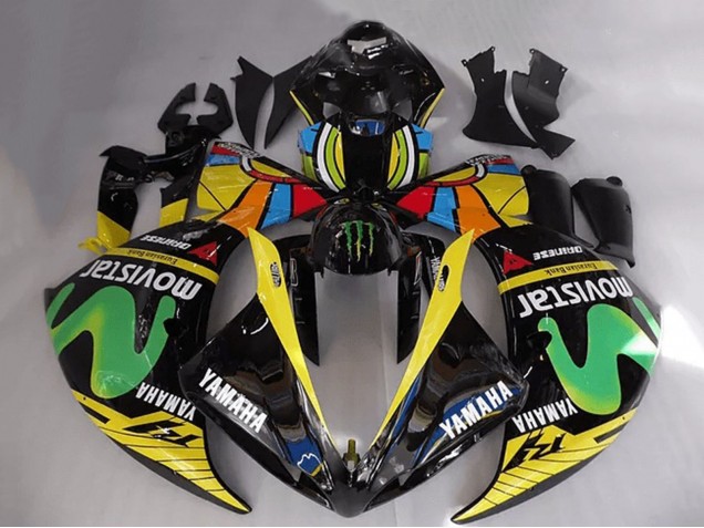2012-2014 Yamaha YZF R1 Motorcycle Fairings - Glossy Black Yellow Green White Blue MoviStar Monster