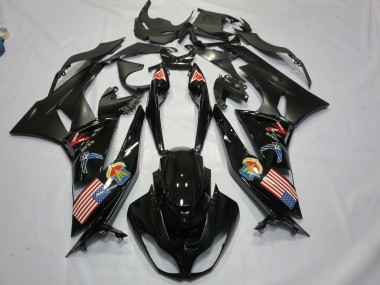 2009-2012 Kawasaki ZX6R Motorcycle Fairings - Glossy Black Matte Black American Flag