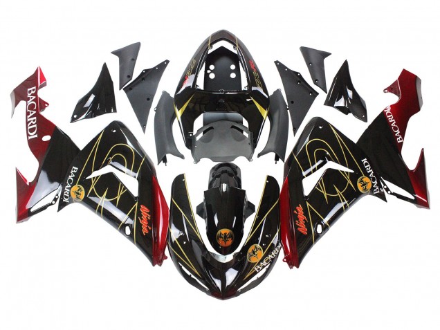 2006-2007 Kawasaki ZX10R Motorcycle Fairings - Black Red Gold BACARDI