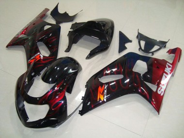Black Red Flame 01-03 Suzuki GSXR 750 Motorcycle Fairings