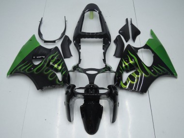 Black with Green Flame 00-02 Kawasaki ZX6R Motorcycle Fairings
