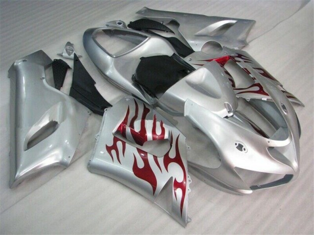 Silver Red Flames 05-06 Kawasaki ZX6R Motorcycle Fairings Silver Red Flames 05-06 Kawasaki ZX6R Motorcycle Fairings