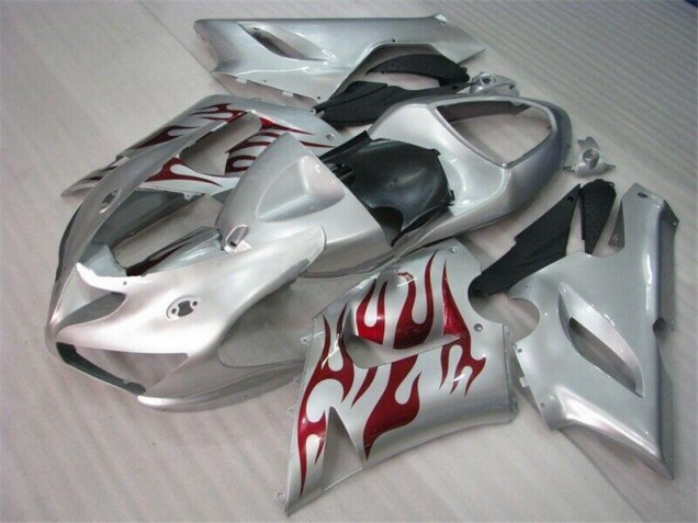 Silver Red Flames 05-06 Kawasaki ZX6R Motorcycle Fairings Silver Red Flames 05-06 Kawasaki ZX6R Motorcycle Fairings